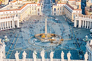 View from above on the famous St. Peter`s Square, Piazza San Pietro is a large plaza located directly in front of St. Peter`s