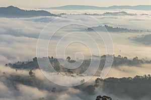 View from above of a foggy landscape with mist covering a town and some hills in a spring dawn at the north of Spain