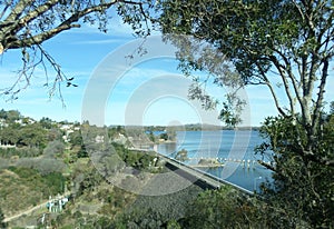 View from above framed between trees. Rio Tercero reservoir bridge. Artificial lake. Cenital plane photo