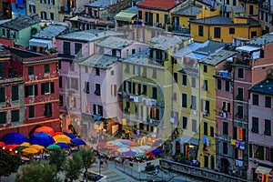 View from above hill of Vernazza bay and houses with lit light a