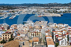 View from above of the houses and port of Eivissa, Ibiza, Spain