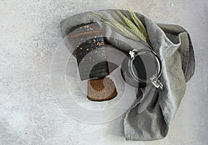 View from above of jug with traditional russian drink kvass and rye bread