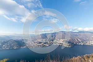 View from above of Lake Como. Panoramic view in winter of Lake C