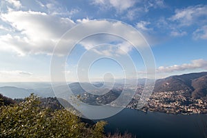 View from above of Lake Como. Panoramic view in winter of Lake C