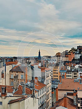 View above of the Lyonnais bulidings, colorful old building of the old district of Lyon city, vieux Lyon, France