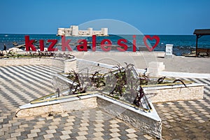 View from above on the medieval Kizkalesi or Deniz Kalesi or Maidens Castle in the water with star