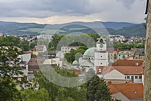 view from above of the old town and the mountains