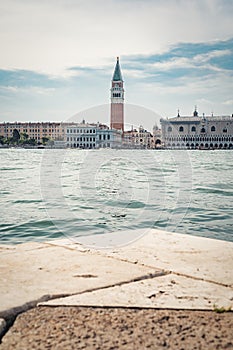 View from above over the Grand Canal with Doge s Palace (Palazzo Ducale) and Colonna di San Marco in Venice