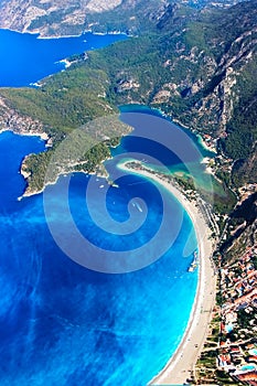 View from above with a paraglider on the bay of the blue lagoon. Turkey. Oludeniz.