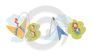 View from above of people launching kite and aircraft model set cartoon vector illustration
