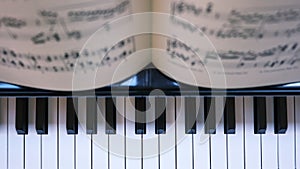 View from above of piano keys and sheet music