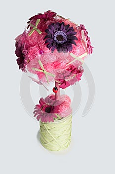 The view from above of the pink topiary in pink color with daisies, butterflies and ladybug