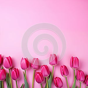 View from above of pink tulips with space to write