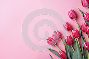 View from above of pink tulips with space to write