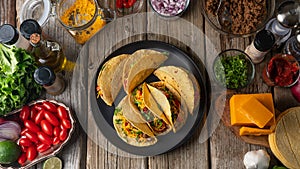 View from above of plate with tasty mexican tacos on rustic wooden table with ingredients for cooking background. Concept of