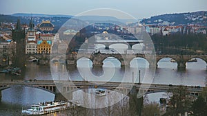 View Above Prague City with Old Architecture and Vltava River with Bridges