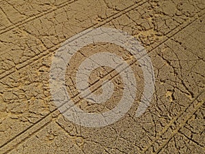 View from above of ripe but damaged crop field in the countryside