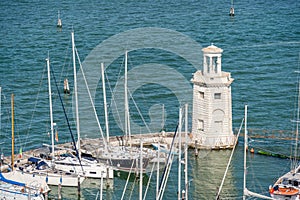 View from above with San Giorgio Maggiore Yacht Harbor and Faro (Lighthouse) in Venice