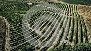 A view from above shows the intricate network of furrow irrigation systems crisscrossing a large biofuel plantation. The