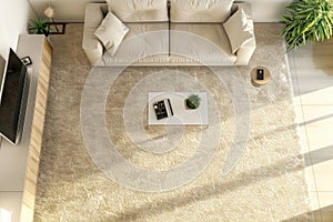 View from above shows a modern, stylish living room with a soft beige carpet and sofa