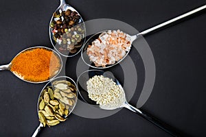 View from above. Spoons are spread out in a circle with different spices.