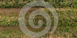 view from above on texture of gravel road among grass field