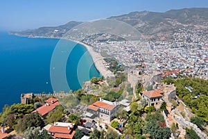 View from above to Alanya and Cleopatra beach. Alanya fortress. Aerial photography. Turkey