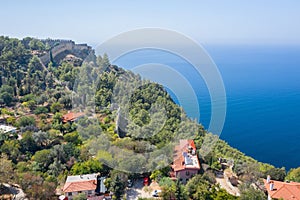 View from above to Alanya and Cleopatra beach. Alanya fortress. Aerial photography. Turkey