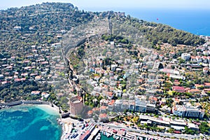 View from above to Alanya and Cleopatra beach. Alanya fortress. Aerial photography. Turkey