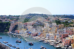 View from above to the beautiful Marina di Procida, Island between naples and Ischia, Italy