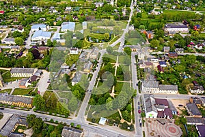 View from above to the small Latvian town Auce, the central part of the city