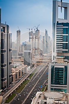 View from above on the towers from Sheikh Zayed Road in Dubai, UAE