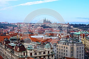 View from above on traditional Christmas market at Old Town Square illuminated and decorated for holidays in Prague -