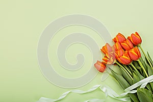 View from above tulip flowers orange color with copy space on green. Background for womens day, 8 March Valentines day