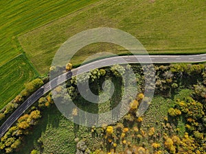 View from above of a winding road in the countryside between trees and grass in autumn