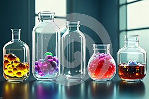 View of abstract glass flasks with biomaterials in a biotechnology laboratory. The concept of genetic engineering