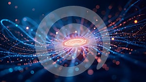 An abstract representation of a quantum computer processing data with glowing qubits
