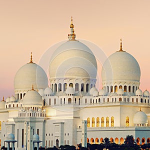 View of Abu Dhabi Sheikh Zayed Mosque at sunset