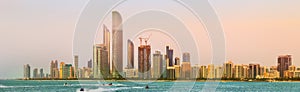 View of Abu Dhabi Skyline at sunset, UAE