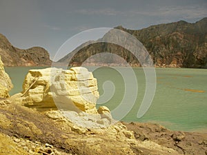 View on the acidic crater lake of the Ijen volcano in Indonesia, a sulfur mine and toxic gaz