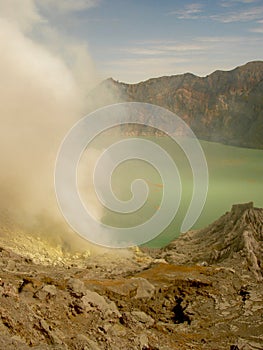 View on the acidic crater lake of the Ijen volcano in Indonesia, a sulfur mine and toxic gaz