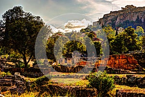 View on Acropolis from ancient agora, Athens, Greece.