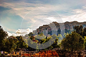 View on Acropolis from ancient agora, Athens, Greece.