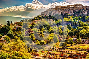 View on Acropolis from ancient agora, Athens, Greece.