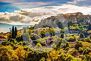 View on Acropolis from ancient agora, Athens, Greece.