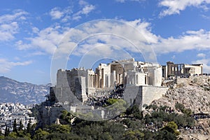 View of the Acropolis of Athens with Propylaia, monumental ceremonial gateway with Temple of Athena Nike, Athens, Greece