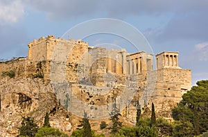 View of the Acropolis of Athens at sunset, ancient Greek temples