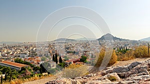 View from the Acropolis hill to the city of Athens, Greece.