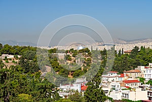 View from the Acropolis hill to the city of Athens, Greece.