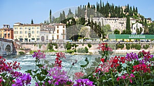View across Adige river to the Convent of Saint Girolamo and San Pietro Hill in Verona, Italy